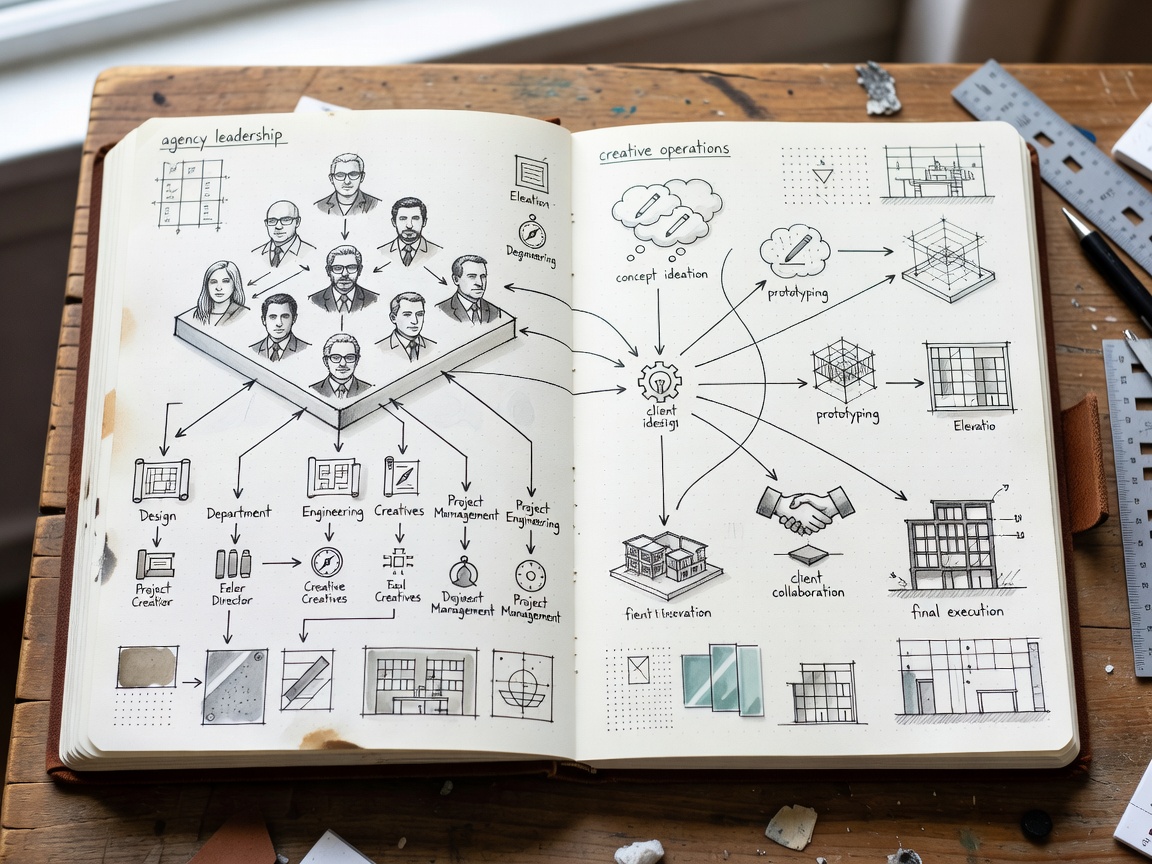 Architectural notebook detailing agency leadership and creative operations